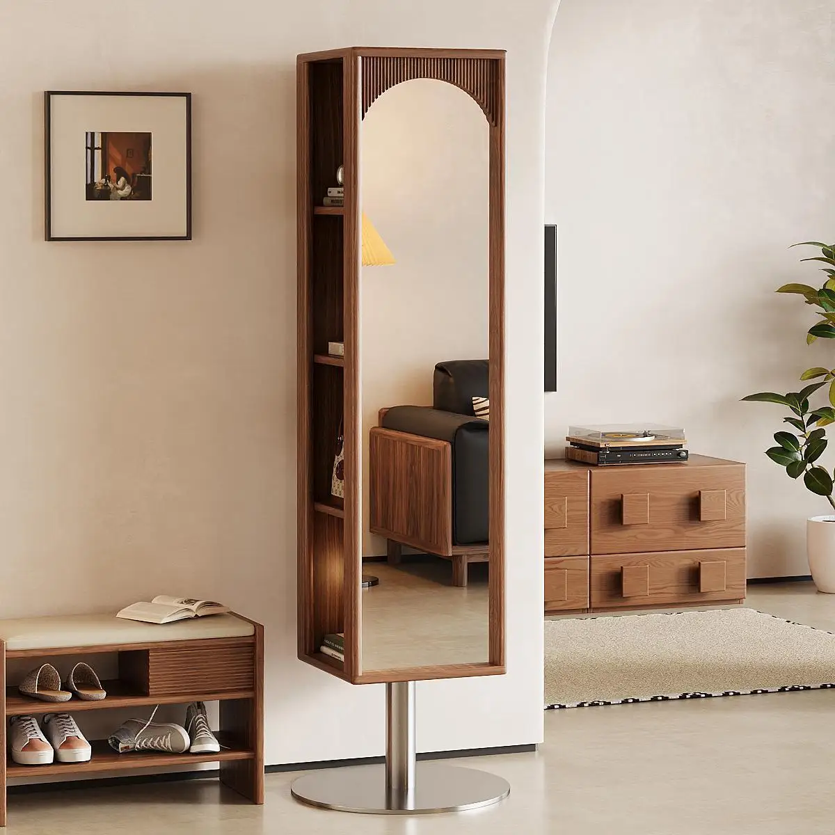 Yjq full-body mirror household floor-to-ceiling entrance full-length mirror rotatable bookshelf storage storage bookcase