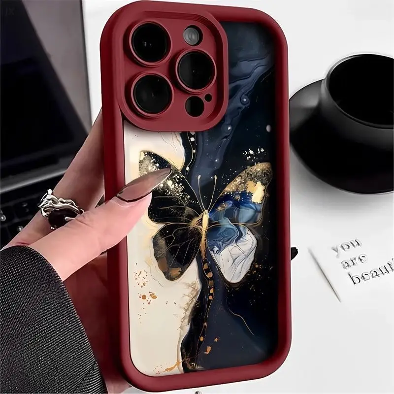 

Blue ink butterfly pattern design phone case for iPhone 16 15 14 13 12 11 Pro/ Max/Plus shock-proof rear cover anti-fingerprint