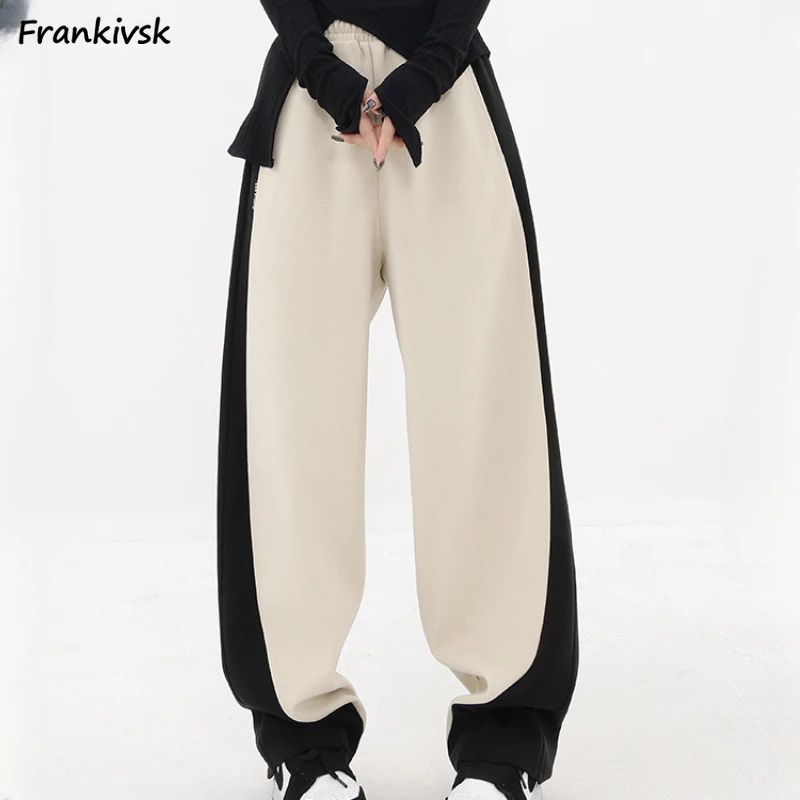 Contrast Color Pants Women Wide Leg Loose Ankle Length Asymmetrical Japanese Style Streetwear Causal Unisex Elastic Waist 2023