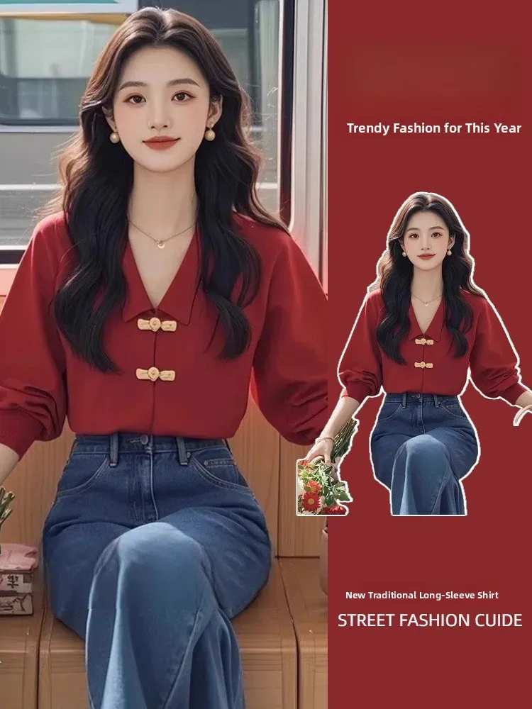 

New Chinese Sle Long Sve Turn-down Collar irt Women Early Autumn Ele Street Sle Slimming Unique Beautiful Top