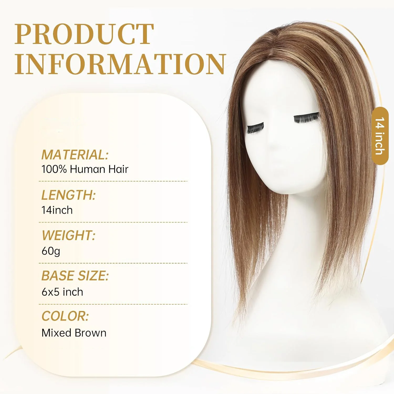 Lager Swiss Lace Base Human Hair Topper Brown Highlight Remy Human Hair Topper for Women 14 Inches Middle Part Human Hair Topper