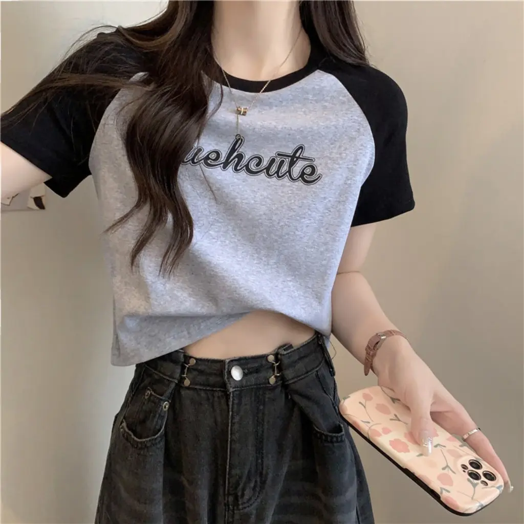 

Женская облегающая футболка с короткими рукавами, европейско-американская контрастная цветная хлопковая базовая рубашка, топ для летней одежды