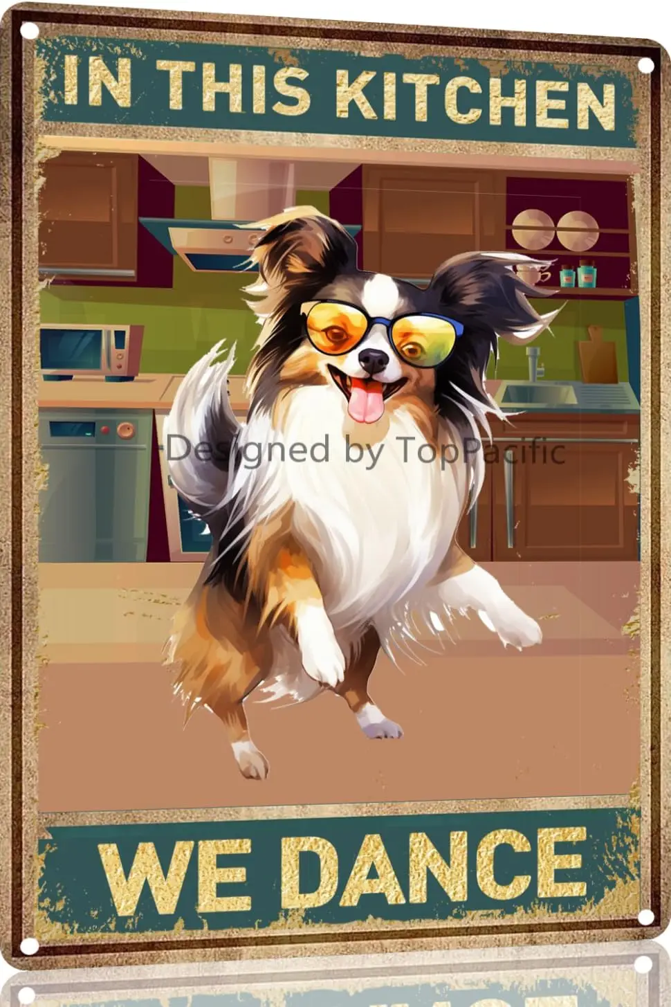 Papillon Vintage Tin Sign Dog in This Kitchen We Dance Metal Art Wall Plaque Decor Wall Panel Retro 12x8 inch for Kitchen f sign