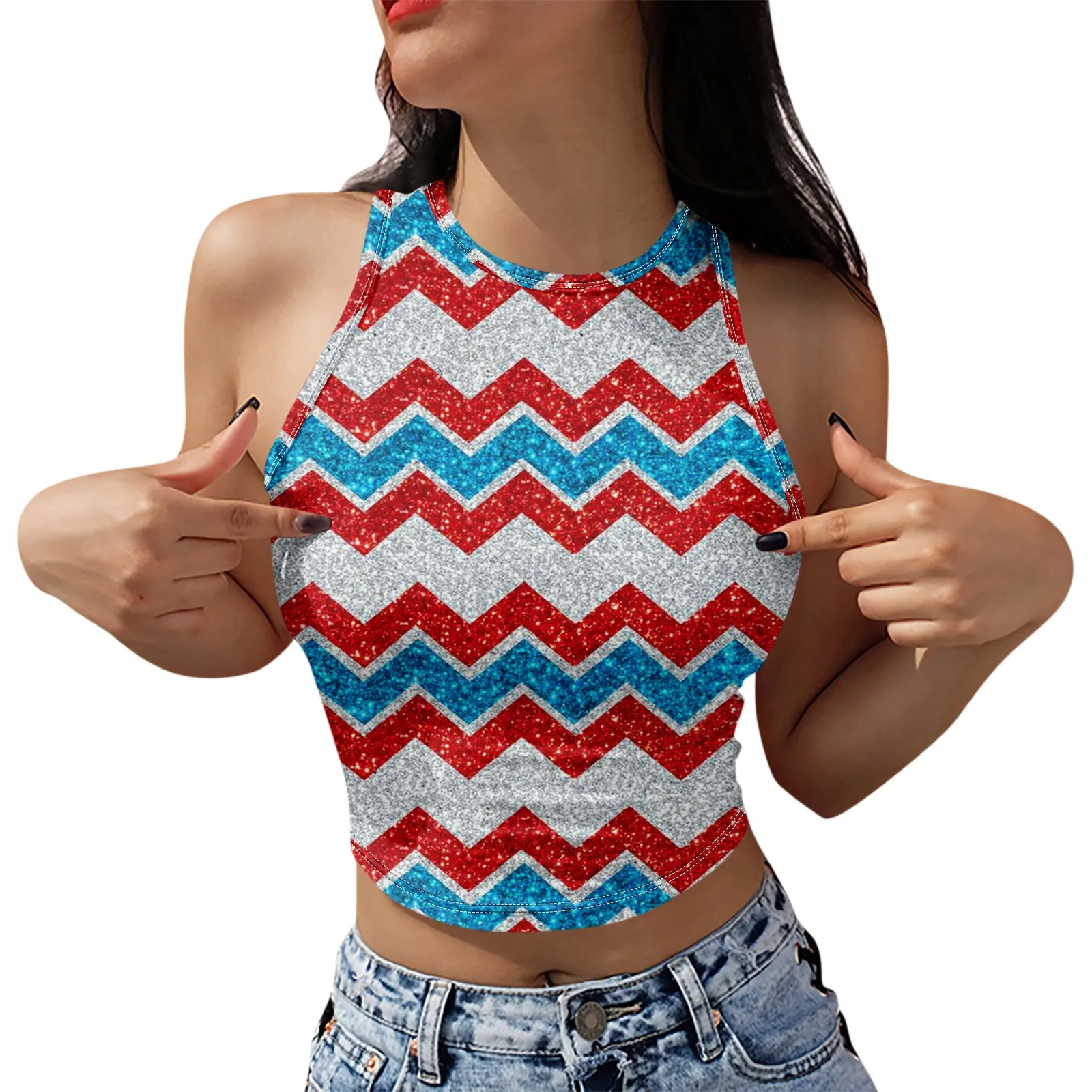 Mulheres com gola redonda sem mangas Crop Tops, camisas Slim Fit, camisas casuais, estampadas, moda verão, férias