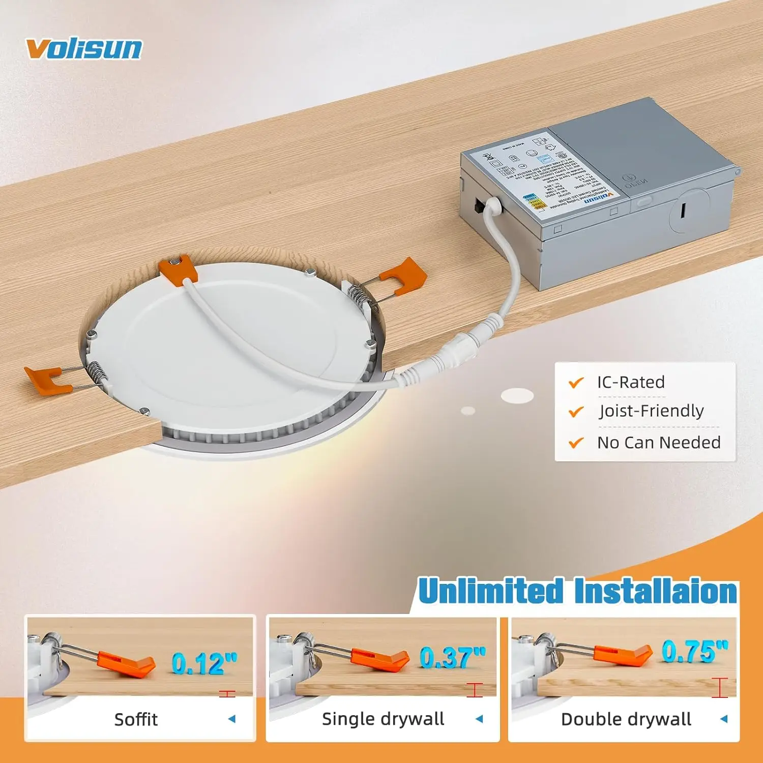 Volisun-Ultra-Thin LED luz embutida com caixa de junção, iluminação selecionável, 5Cct, 24 Pack, 4 Polegada, 2700K-5000K