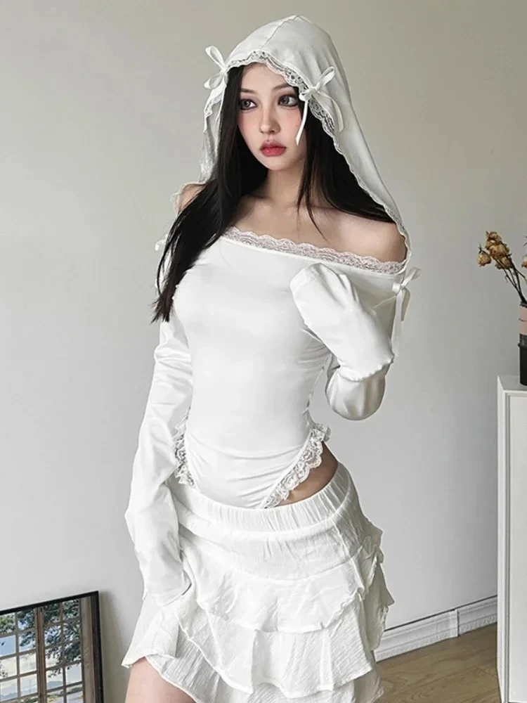 

Hooded Bodysuit Off Shoulder Lingerie Sexy Body Feminino White Lace One-pieces Long Sleeve Bustier Hot Top For Women Y2k Clothes