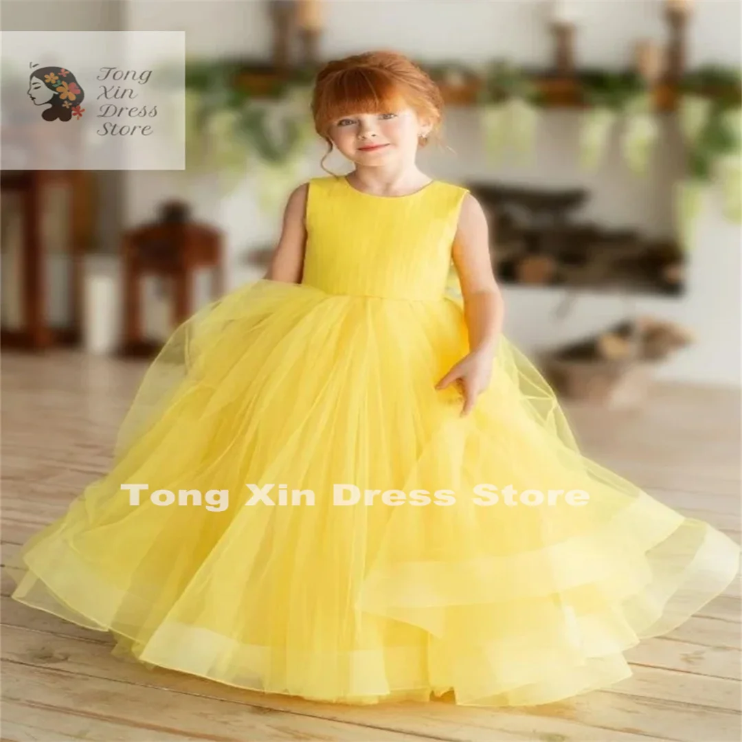 Flower Girl Dresses Yellow Tulle Puffy Solid With Tailing Sleeveless For Wedding Birthday Party Banquet Princess Gowns