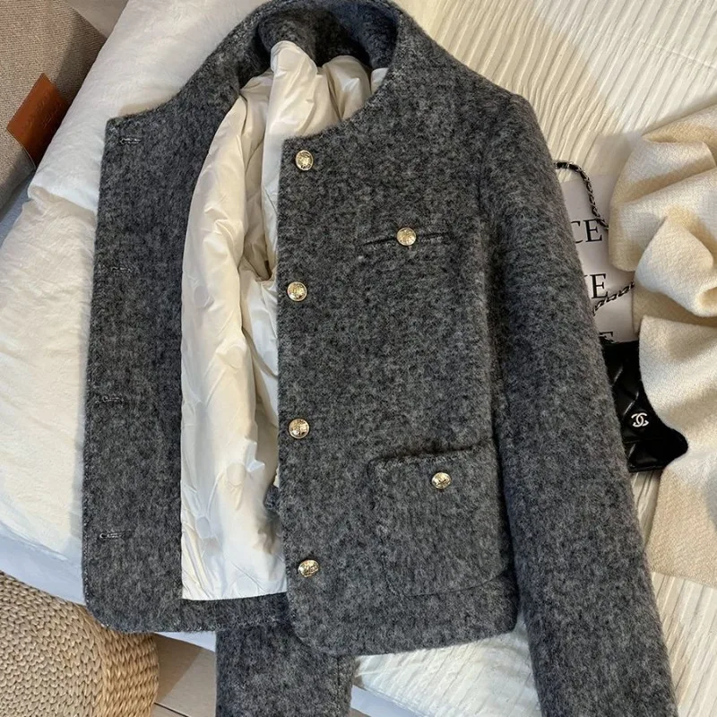 Women Stuffed and Thickened New Grey Temperament French Style Short Jacket, Fragrant Style Short Jacket, Winter Warm Inner Top