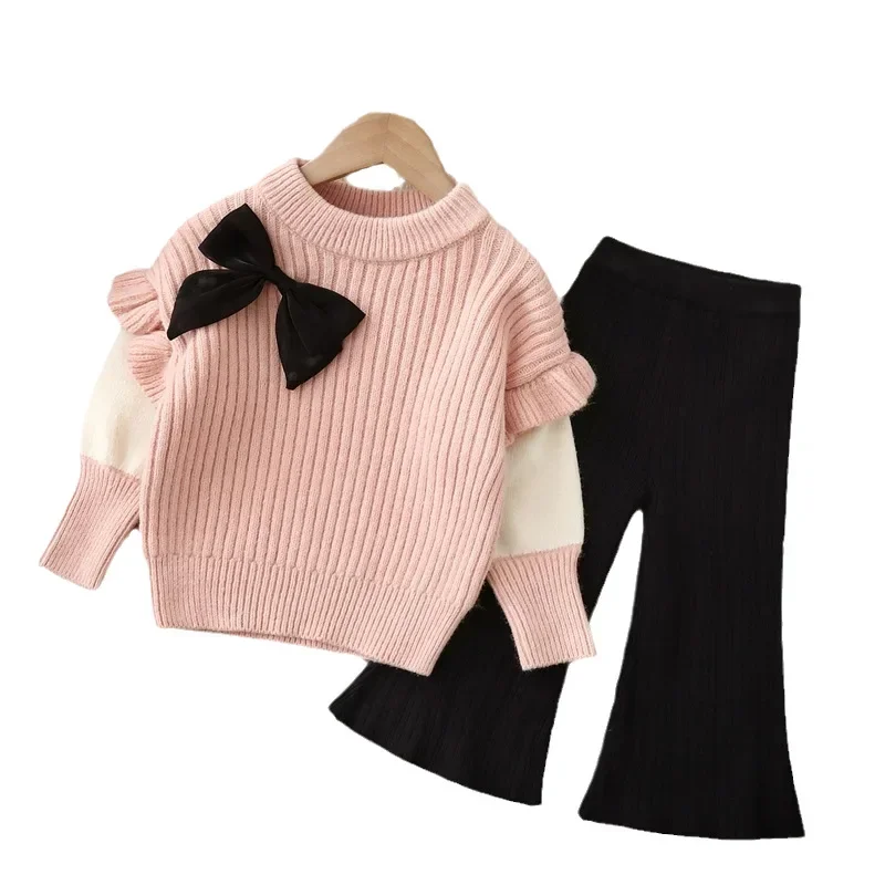 Childrens Sets Two Piece Childrens Sweater Knitted Round Neck 2024 Autumn/Winter New Collection Girls Base Shirt Loose Coat