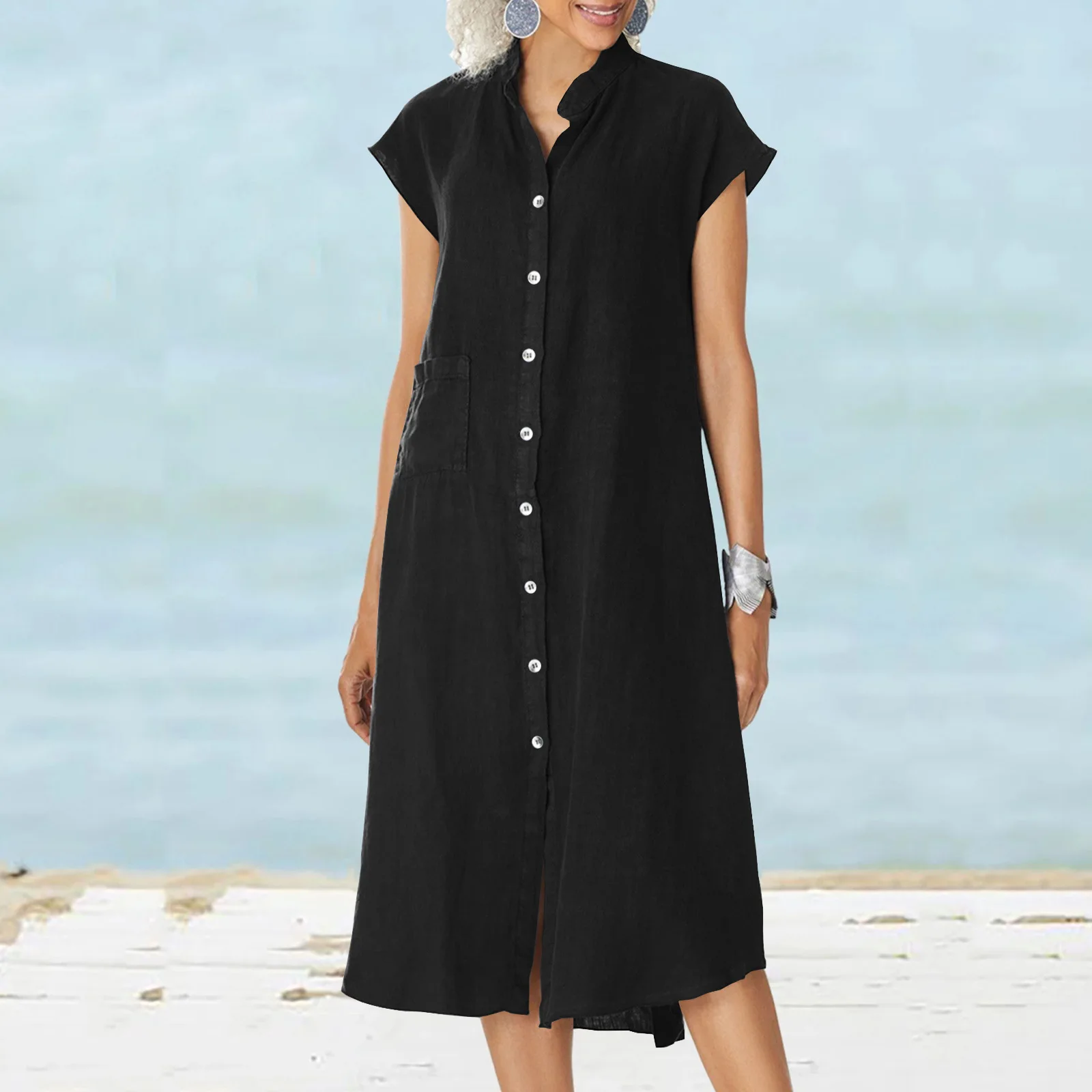 Casual Cotton Midi Shirt Dress Women's Black Single Button Stand Collar Dress European Style Pure Color mid Waist A-Line Skirt