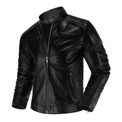 Natural Top Layer Cowhide Leather Jacket Men's Motorcycle Suit Slim-Fit Short Section Skull Stand-Up Collar Leather Jacket