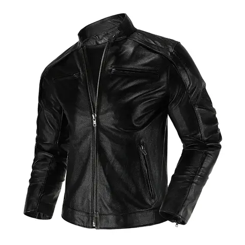 Natural Top Layer Cowhide Leather Jacket Men's Motorcycle Suit Slim-Fit Short Section Skull Stand-Up Collar Leather Jacket