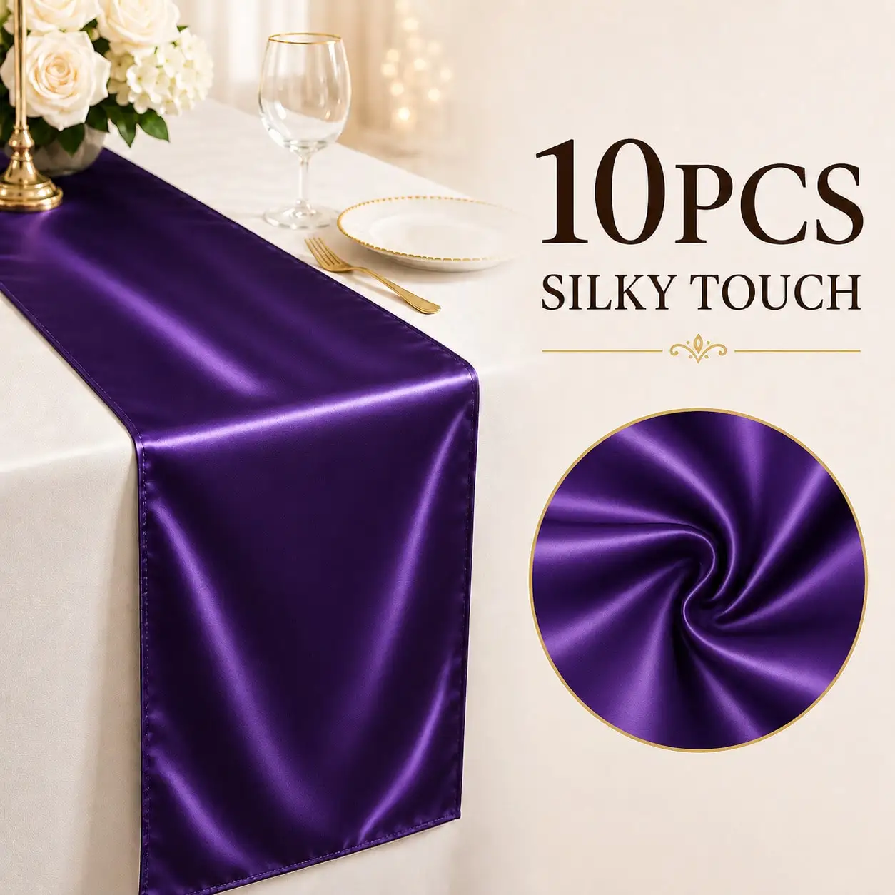10PCS Satin Table Runners, 11.4 × 108.3 Inches, Solid Color Table Sashes For Wedding Reception, Banquet, Birthday Party, Anniver
