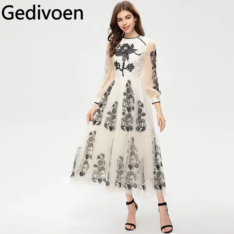 

Gedivoen Summer Fashion Runway Designer Dresses Women's Vintage Elegant Floral Embroidery Net Yarn Guipure Temperament Dresses