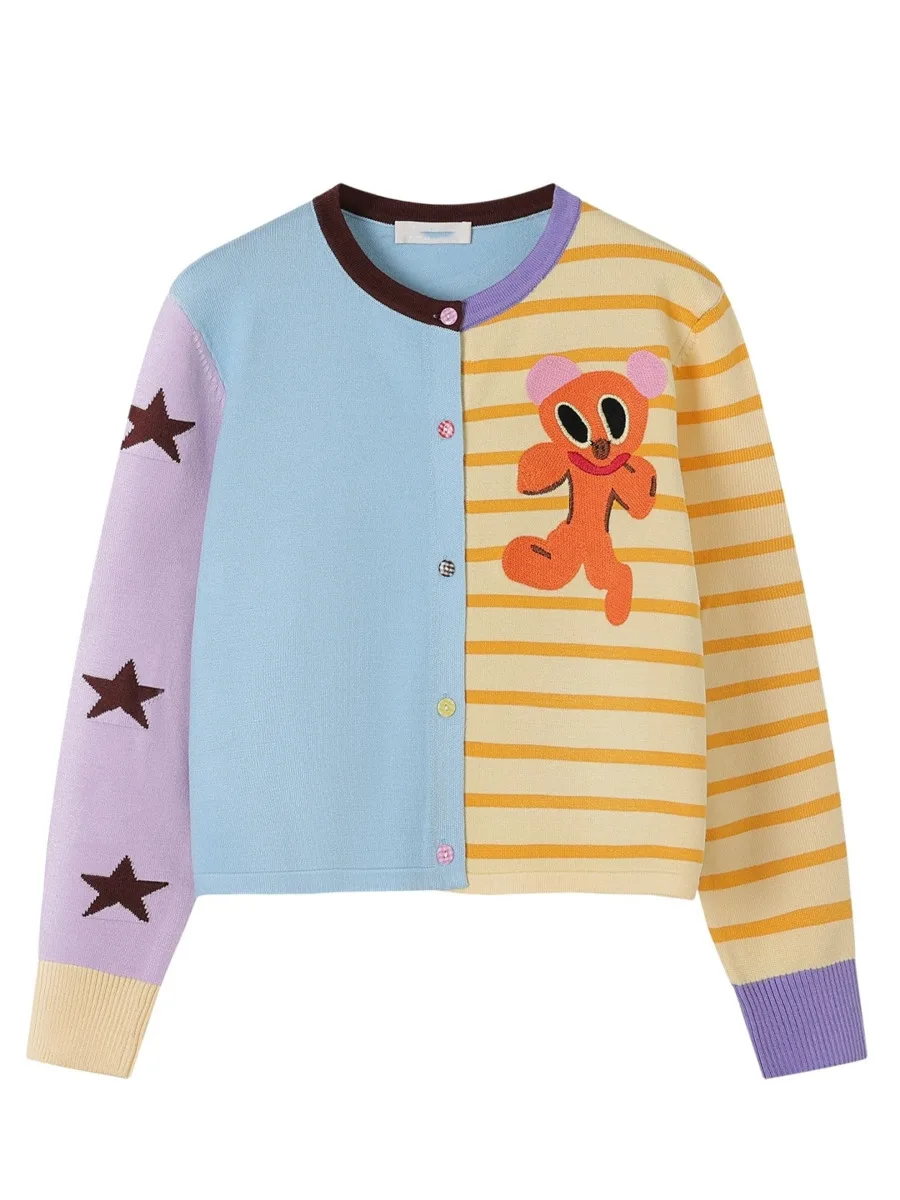 

New Autumn Sweet Cartoon Jacquard Color Block Striped Knit Cardigan Women's Casual O-Neck Long Sleeve Sweater Female Knitwear