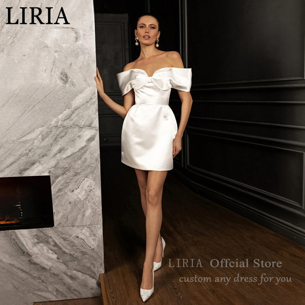 LIRIA Vestido de novia corto elegante para mujer, con lazo, hombros descubiertos, espalda abierta, satén, sencillo, minivestido de novia personalizado
