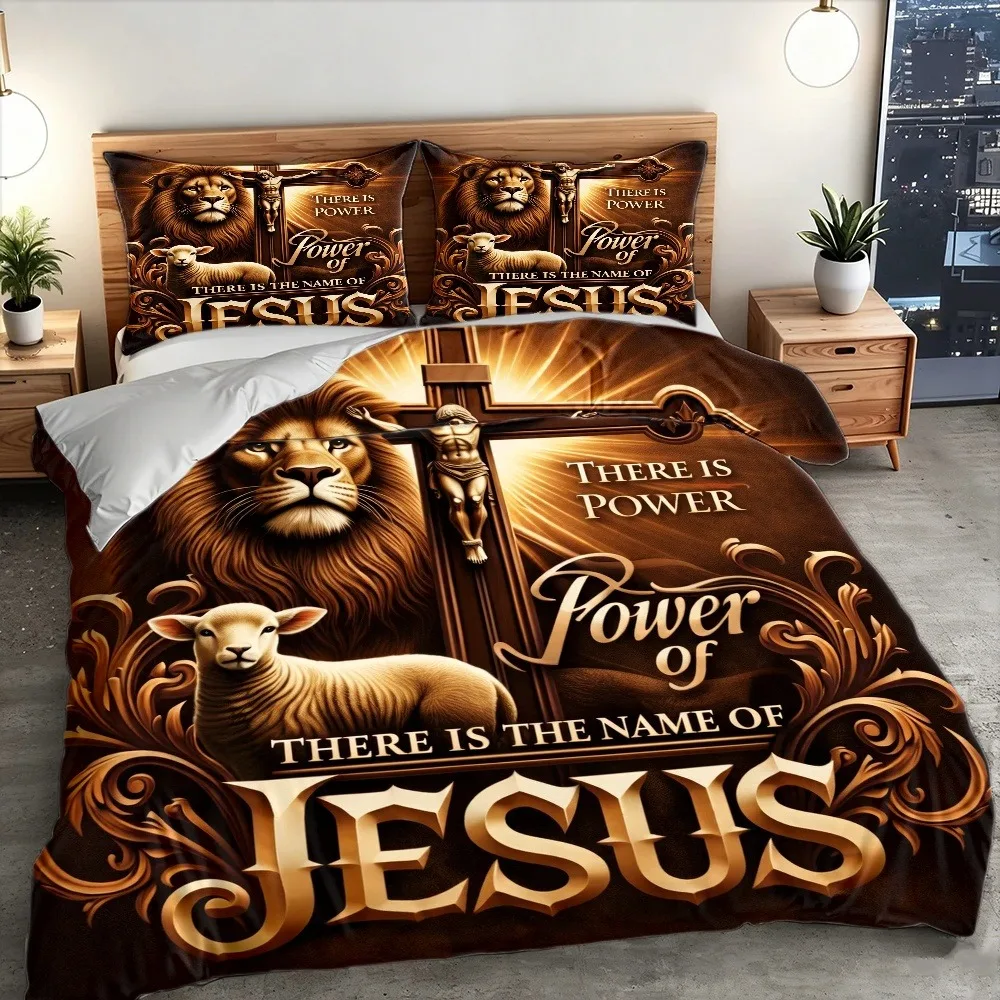 Jesus Theme Religious Style Duvet Cover Set Machine Washable All-Season Bedding Hidden Zipper Design