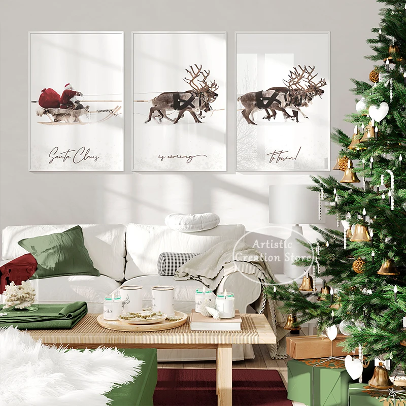 Christmas Santa Claus with A Sleigh Canvas Painting Prints Wall Picture Nordic Living Room Christmas New Year Home Decor Poster