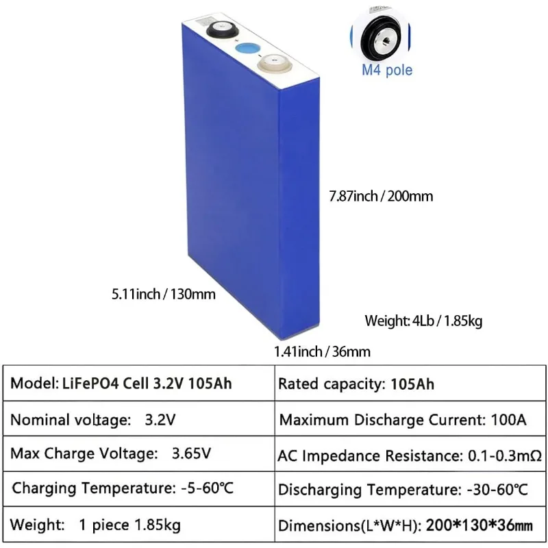 EVE 3.2V 105Ah LiFePO4 Cells 4pcs Grade A Battery Deep Cycle Lithium Iron Phosphate Rechargeable Battery with QR Code,Screws