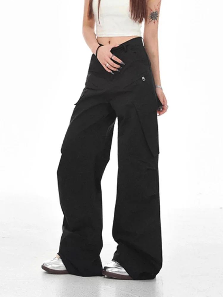

Женские корейские брюки-карго с высокой талией, винтажные черные повседневные модные брюки с карманами, новые брюки-панталоны для женщин