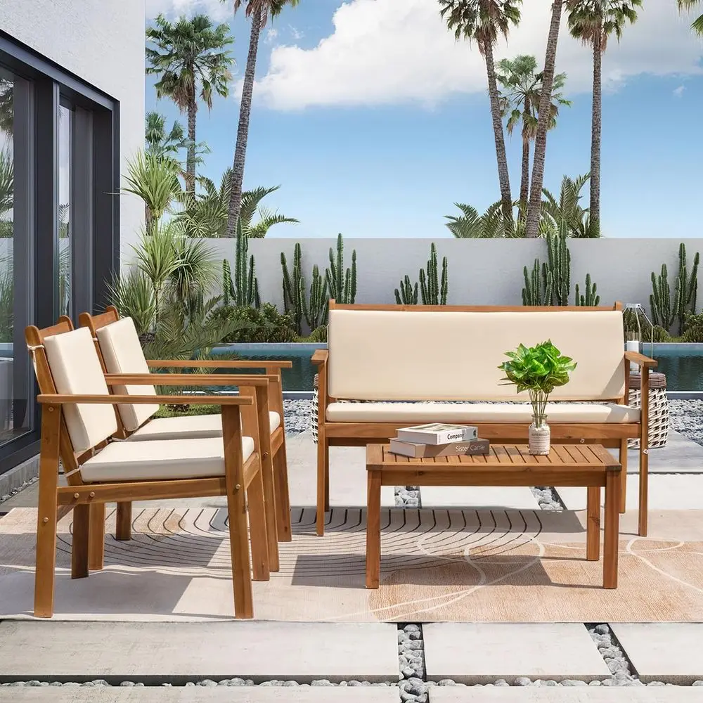

Outdoor Patio Furniture, 4 Piece Bistro Sofa Set with Coffee Table and Loveseat, Acacia Wood Conversation Sets with Cushions, f
