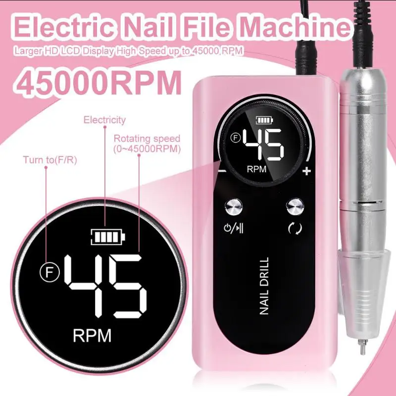 Professional 45000RPM Electric Portable Nail Drill Machine Rechargeable Low Noise Nail Sander File For Manicure Salon Tool