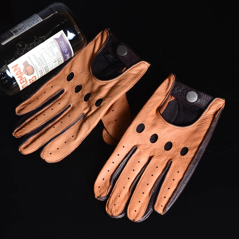 Men's Real Leather DeerSkin Unlined Wrist Button shrink Wrist Riding Driving GYM Mittens Gloves