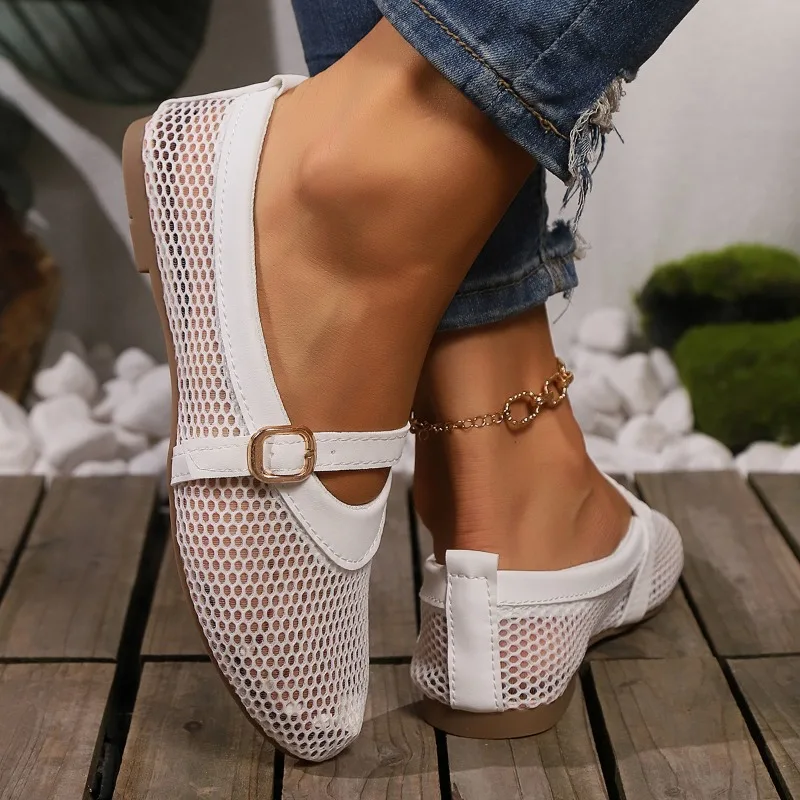 Round head one buckle strap ballet shoes women's soft bottom flat hollow Mary Jane single fishing net shoes image 6