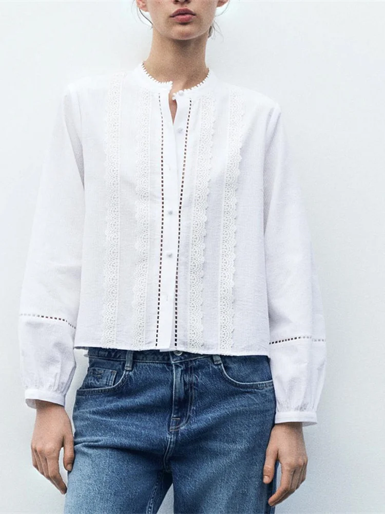 

Spring New Sle Women's Simple Faion Lace Collar Romantic Hollow out round Ne Long Sve irt Ele Loose Fit Blouse