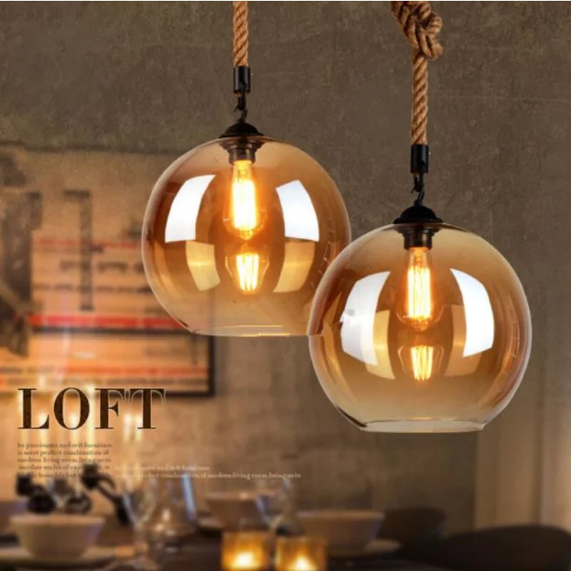 Loft Vintage Retro โคมไฟติดเพดานอุตสาหกรรมแก้วลูกกัญชาเชือก E27ติดตั้งสำหรับร้านอาหารห้องนั่งเล่น Cafe Bar