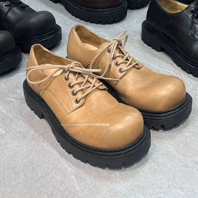 

Кожаные женские туфли на платформе, увеличивающие рост, новинка 2025, весенне-осенние мужские лоферы на шнуровке с большой головой в стиле ретро в британском стиле