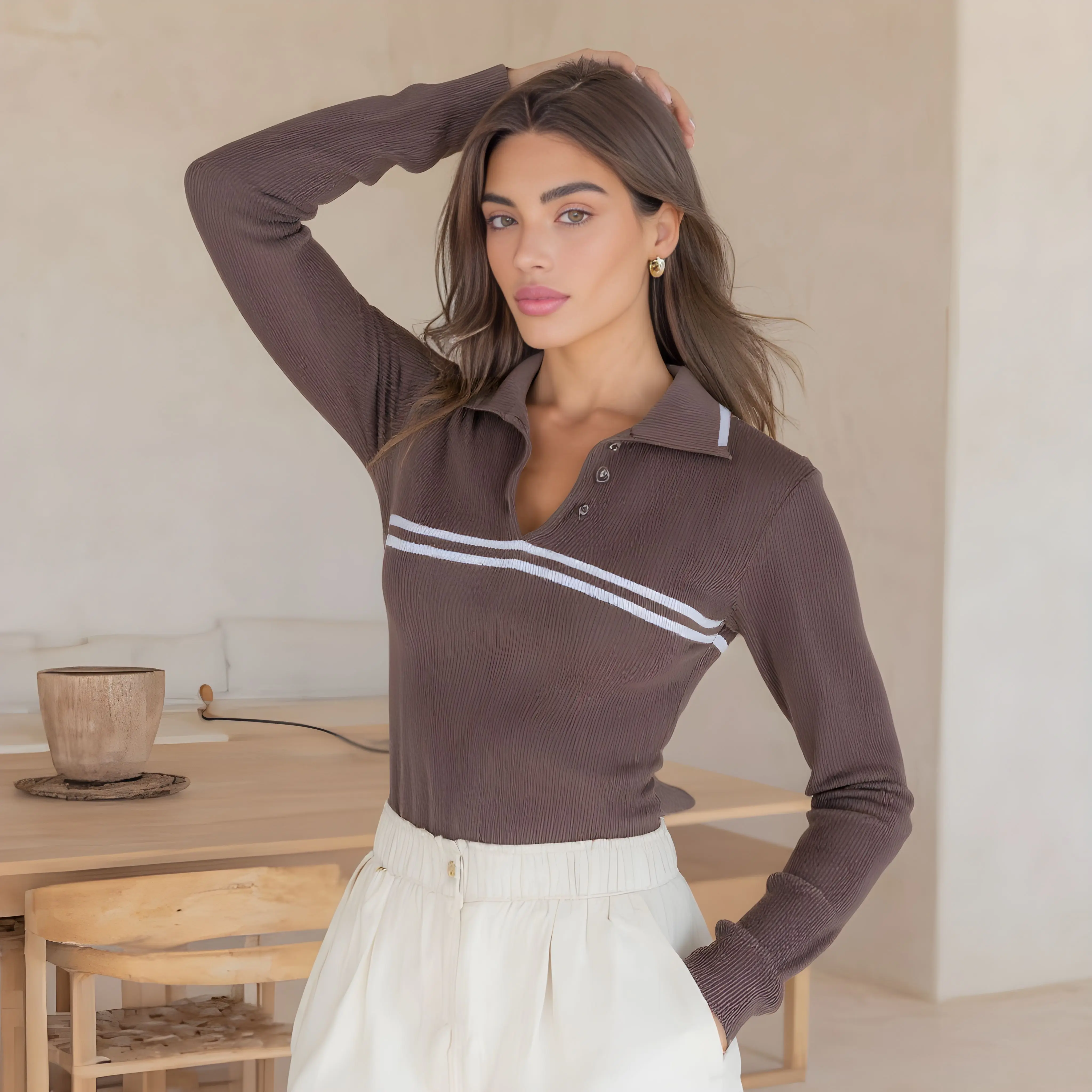 الخريف ضيق صالح سترة طويلة الأكمام نمط غير رسمي بدوره إلى أسفل طوق مستقيم أنبوب كم المرأة تريكو فستان الربيع #3