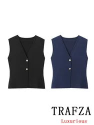 TRAFZA Vintage Casual Chic Women Tops Solid Golden Buttons V-Neck Sleeveless Short Vest New Fashion 2024 V Neck Tops