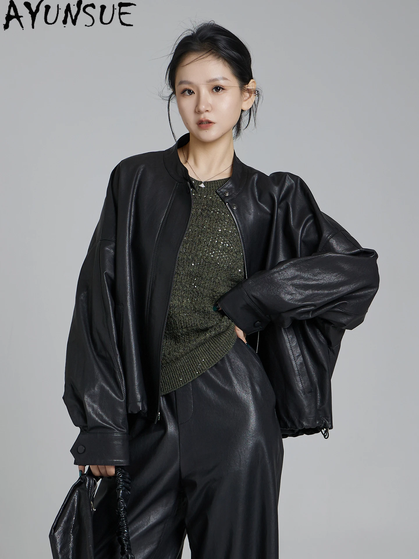 AYUNSUE سترة جلدية أصلية من جلد الغنم معاطف نسائية فضفاضة مناسبة للربيع والخريف معطف جلد 2025 أنيق Jaqueta De Couro