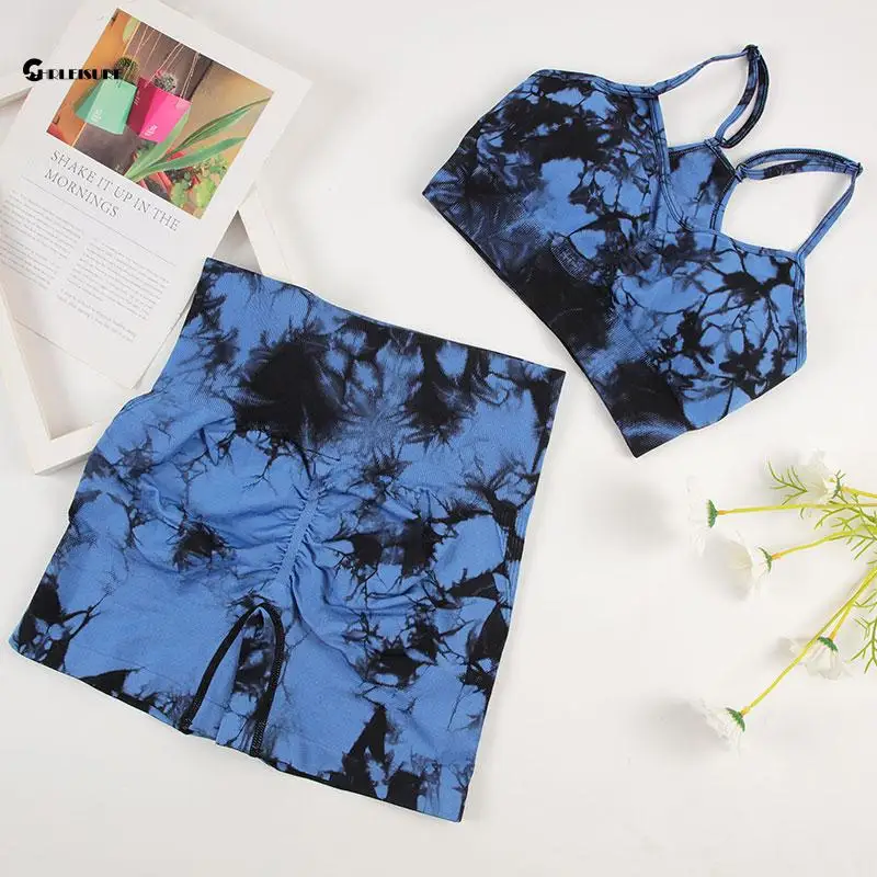 CHRLEISURE Tie Dye zestaw do jogi damski bezszwowy strój sportowy spodenki rowerowe z biustonoszem do biegania dres gimnastyczny elastyczny strój Fitness