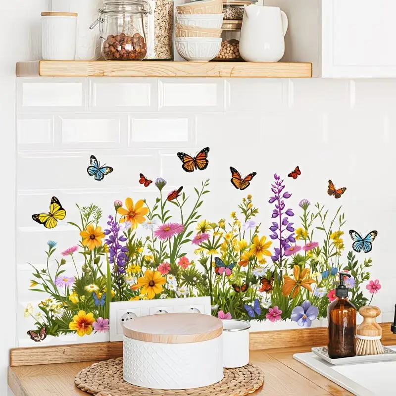 Fresh Floral Pattern Sink Area Background Wall Sticker Bathroom Wall Decoration Self-Adhesive Removable Waterproof Sticker