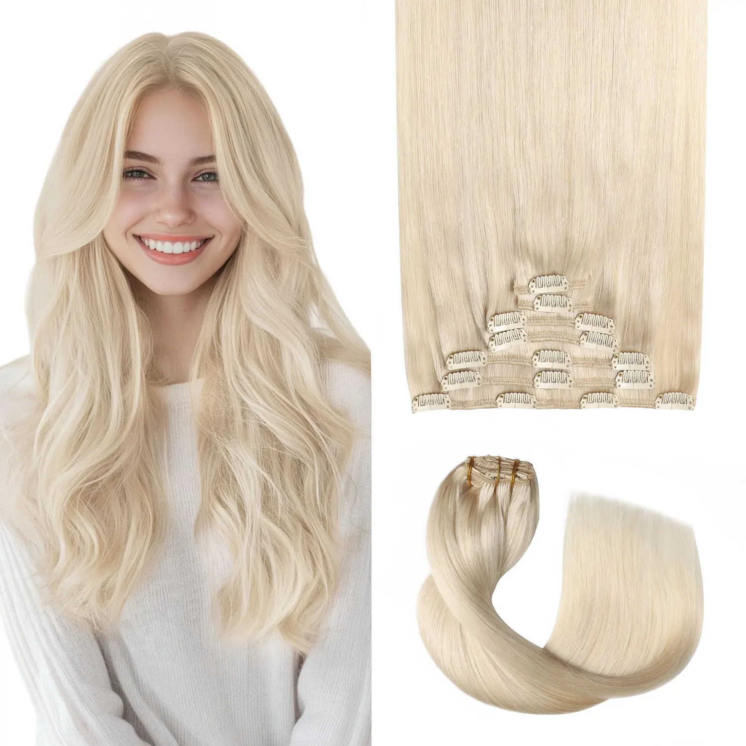 Extensions à clipser Sweetmet Pro2.0 en cheveux humains, 120g, épaisses, 7 pièces # 60 extensions de cheveux humains Remy blond platine à clipser, 35cm-55cm, tissu double maille sans couture pour femmes