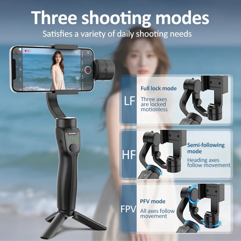 QAML F8 2025 3-axis gimbal, anti-shake, wireless, USB rechargeable, iPhone/Xiaomi/action cam compatible, sleek black.