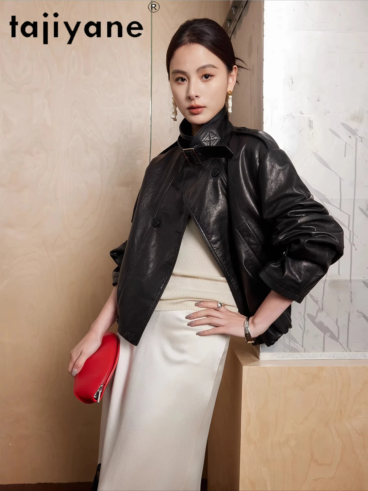 TAJIYANE Giubbotti di pelle di pecora a grana superiore in cera oliata Cappotti corti chic Giacca in vera pelle Donna 2025 Autunno Abbigliamento donna дубл onderка