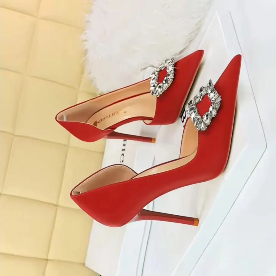 

Wine Red Women 10.5cm Heels Metal Rhinestone Woman Pumps Luxury Banquet Shoes Sexy Party Shoes Stilettos Heels 10 Colour Pumps