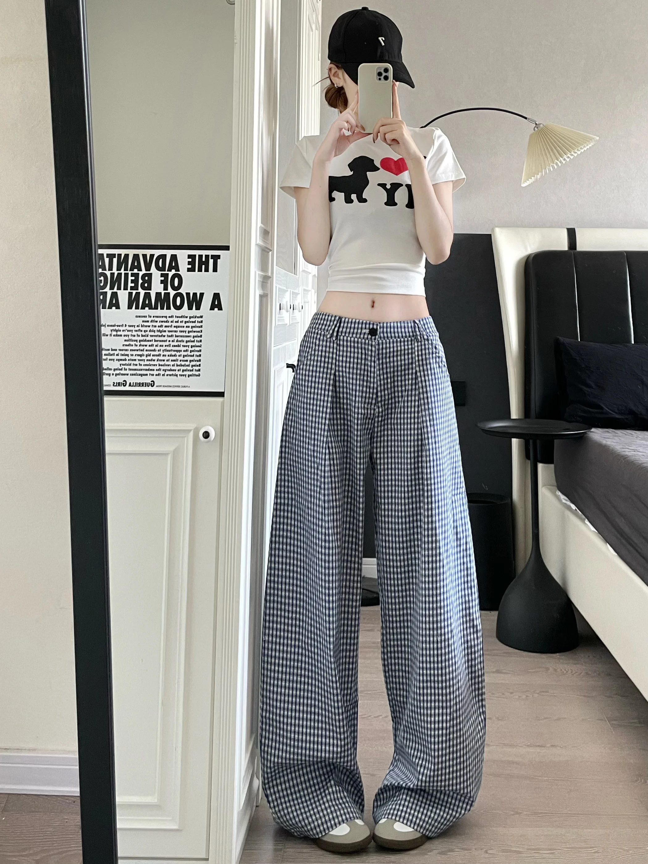 

Американские ретро синие клетчатые брюки Свободные широкие брюки Ленивый Sle Танцы Хип-хоп Брюки Повседневные Свободный крой Молодежные Весна Осень Зима