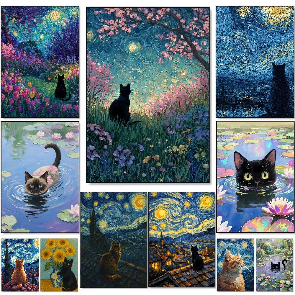 5D DIY Diamant-Malerei-Set Kawaii Katze Sternennacht Wasserlilien Kunst Voll-Drill Strass-Mosaik Wanddekoration Bastelset für Zuhause