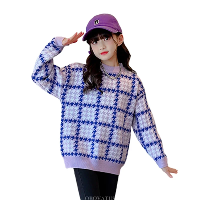 Children Luxury Brand Plaid Sweater for Girls Fashion Street Style Knitwear Teenage Kids New Spring Knitted Clothing Size 4-14Y