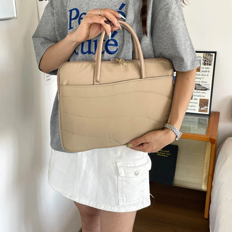 Soft Quilted Fabric Laptop Handbag Women Lightweight 14 Inch Notebook Carry Bag Minimalist Office Travel Computer Briefcase