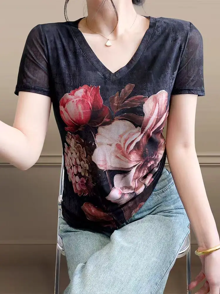 2025 Summer Tops Women's V-Neck Sheer Mesh Floral Print Short Sleeve T-Shirt Elegant Chic Base Blouse