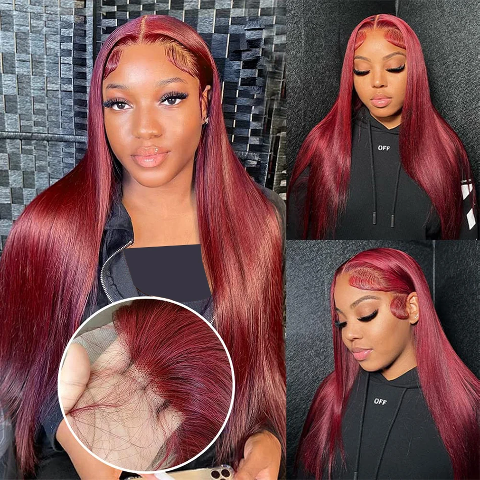 Perruque Lace Front Wig naturelle brésilienne, cheveux lisses, rouge bordeaux 99J, 13x6, 30 40 pouces, densité 250