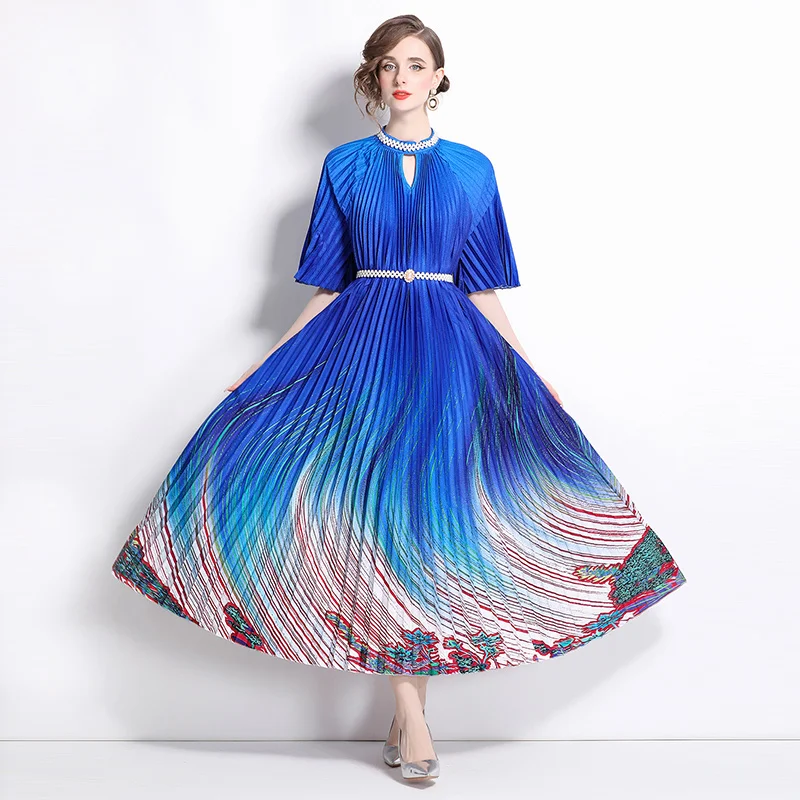 Miyake High End Nail Beads Printed Pleated Pearl Button Pleated Long Skirt Summer Dress Women Birthday Dress for Women Dresses