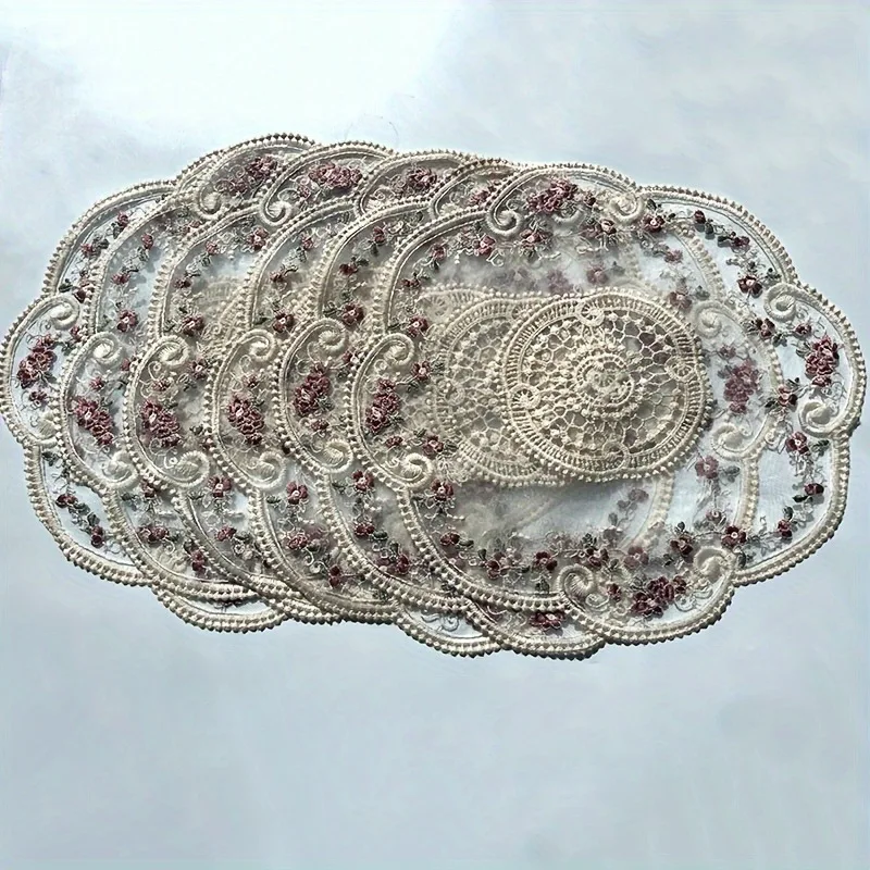 4/6pcs European Vintage Lace Embroidered Table Placemats Polyester Woven Rectangular Decorative Mats Hand Wash Photo Prop Decor