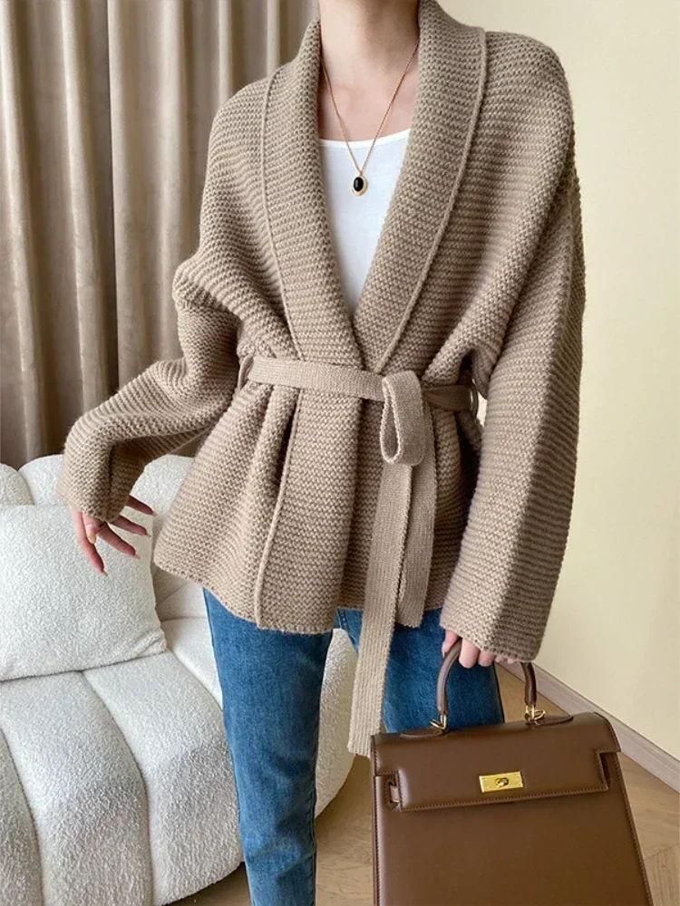 Women\'s Knitted Cardigan Sweater with Belt Loose Oversized Cardigans Solid Khaki Warm Lace Up Waist Fashion Coats for Women 2024