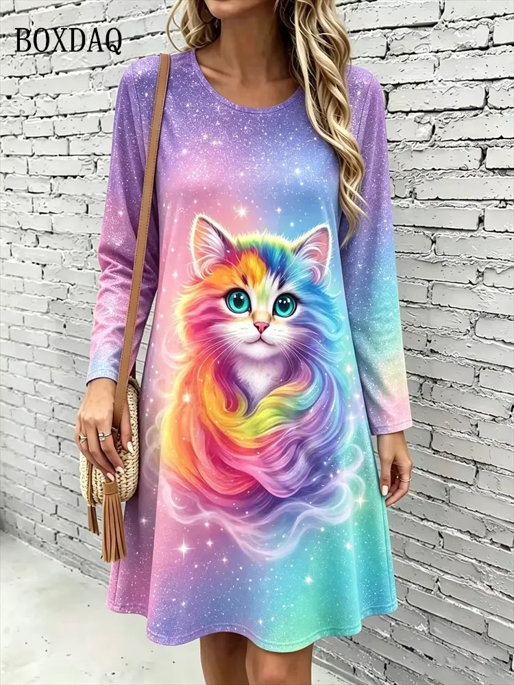 Cute Cat Floral 3D Print Dresses Women's Fashion Gradient Long-Sleeve Dress Autumn Winter Daily Casual Women's Loose Home Dress view 4